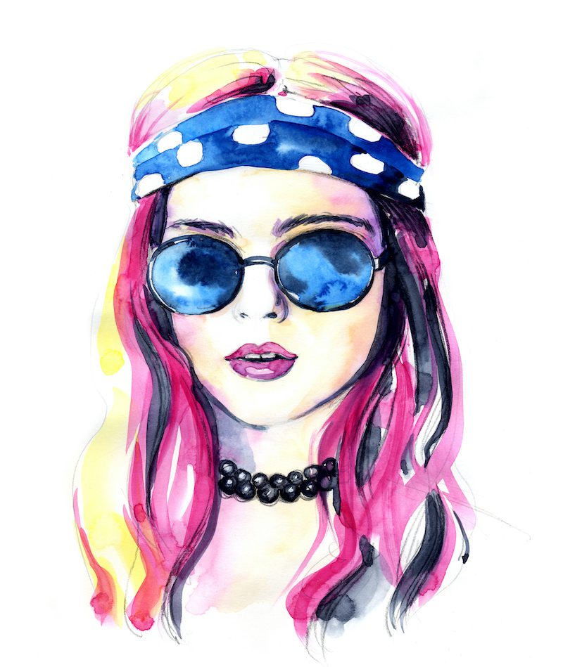 watercolor illustration of girl with sunglasses